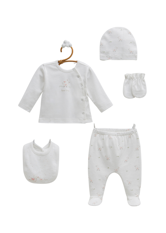 Set 5 Piese Nou Nascut Bumbac Crem cu Ratuste ZK2248 Mell Sweet Baby