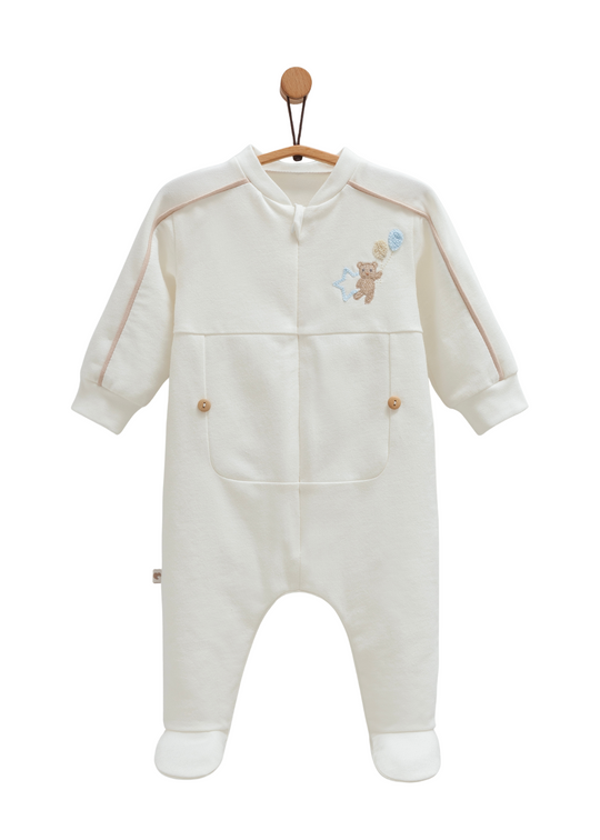 Salopeta Lunga Crem cu Dunga Bej si Urs cu Fermoar TE1570 Mell Sweet Baby