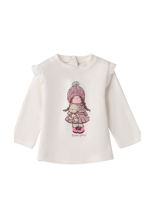 Cream Blouse with Long Sleeves and Pink Print for Girls 4.F083/00 iDO