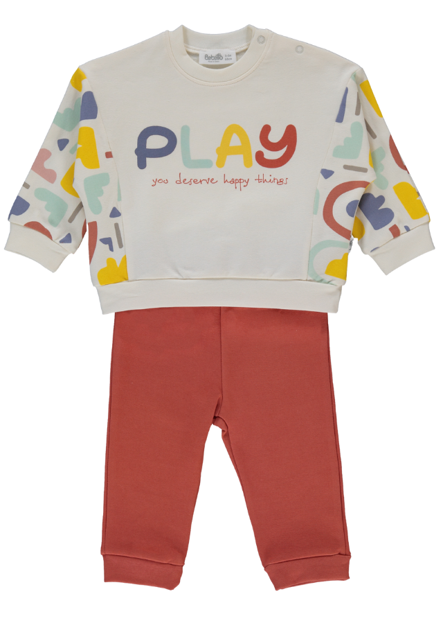 Trening 2 Piese Hanorac Crem cu Imprimeu Colorat si Pantaloni Caramizii Play Day K4574 Bebetto