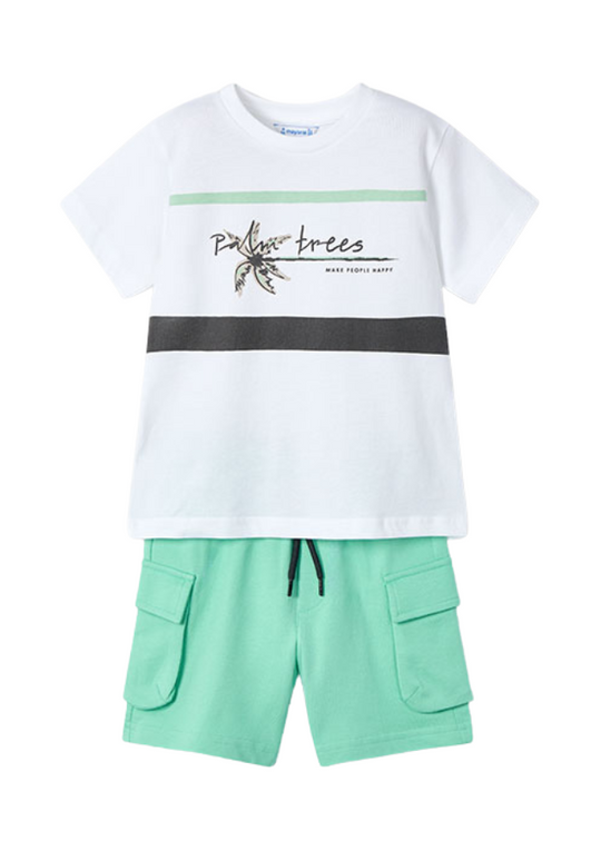 Set 2 Piese Tricou Alb cu Palmieri si Pantaloni Scurti Verzi 3605 Mayoral