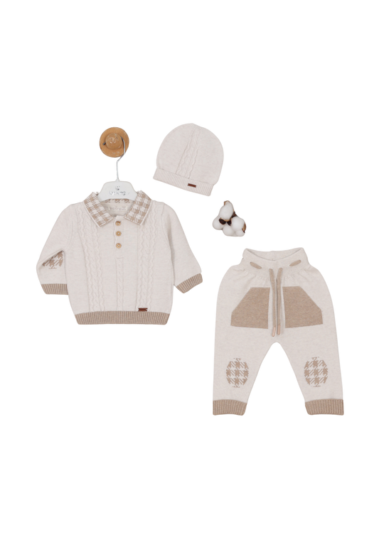 Set 3 Piese Tricotat Crem cu Bej Bluza cu Guler Polo Carouri 8008 Leo King