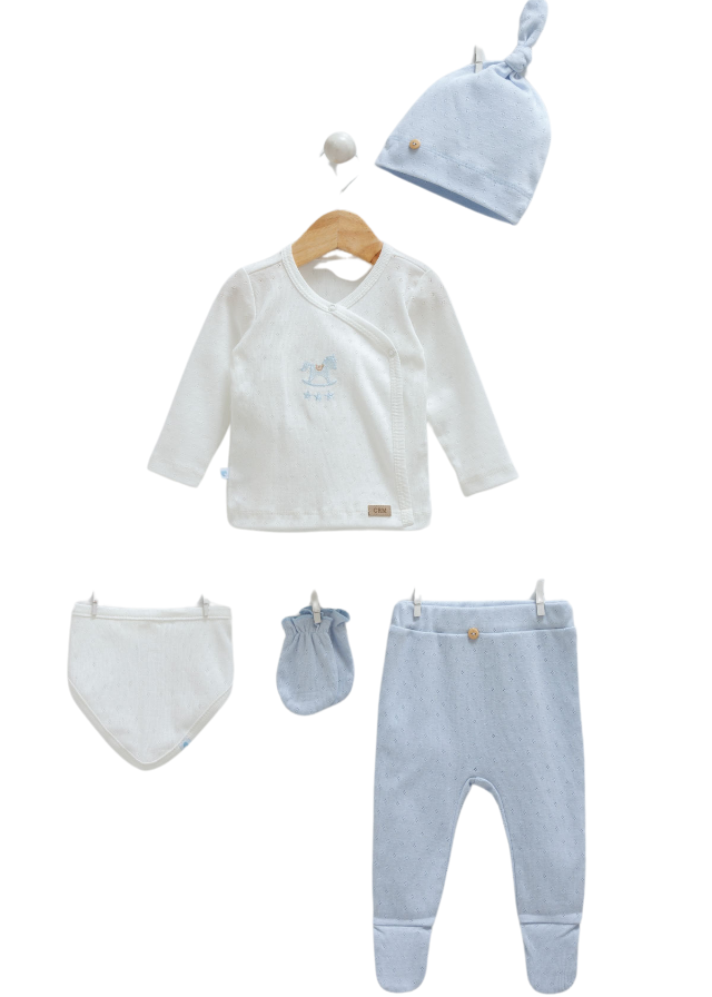 Set 5 Piese Crem cu Bleu si Imprimeu Calut pentru Fetite 9850 Mell Sweet Baby