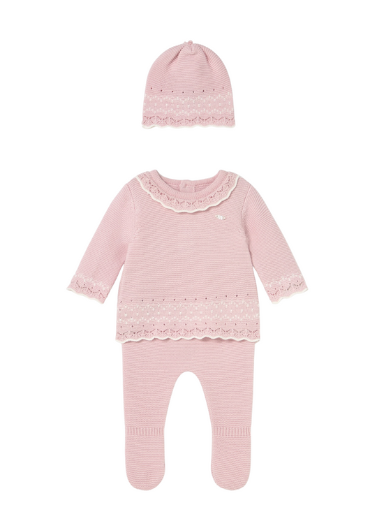 Set 3 Piese Tricotat Roz Bluza Pantaloni si Fes 2556 Mayoral