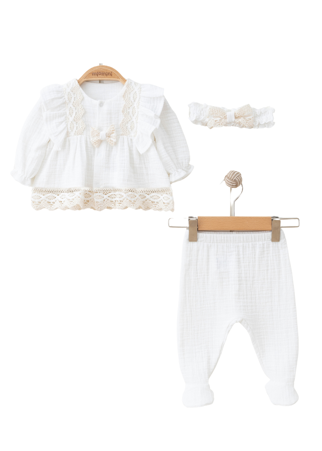 Set 3 Piese Bluza si Pantaloni Lungi din Bumbac Ivory cu Dantela si Bentita 3914 MyMio