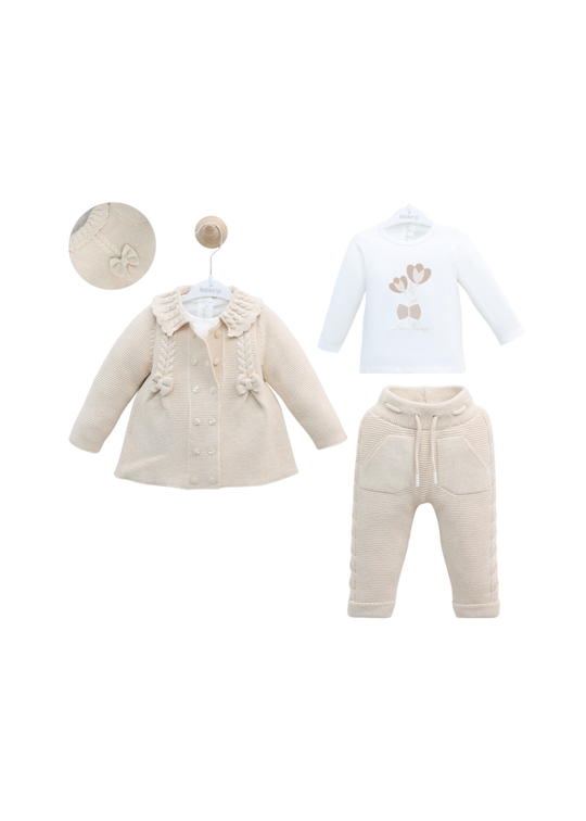 Set 3 Piese Jacheta si Pantaloni Tricotate Bej si Bluza din Bumbac 8032 Leo King