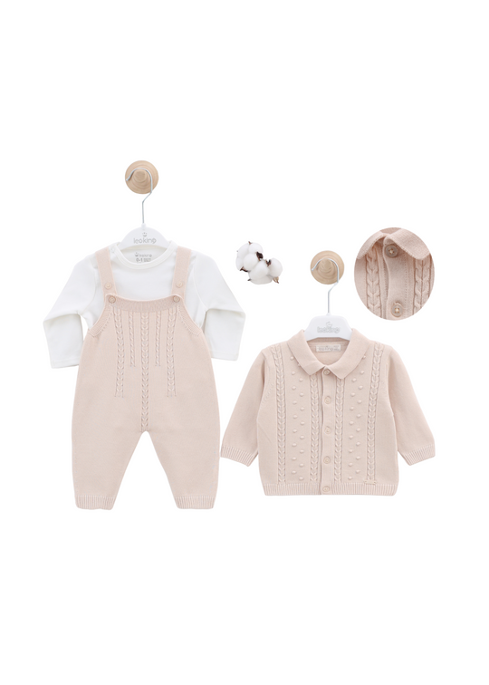 Set 3 Piese Salopeta Lunga Tricotata si Cardigan Bej si Body 7442 Leo King