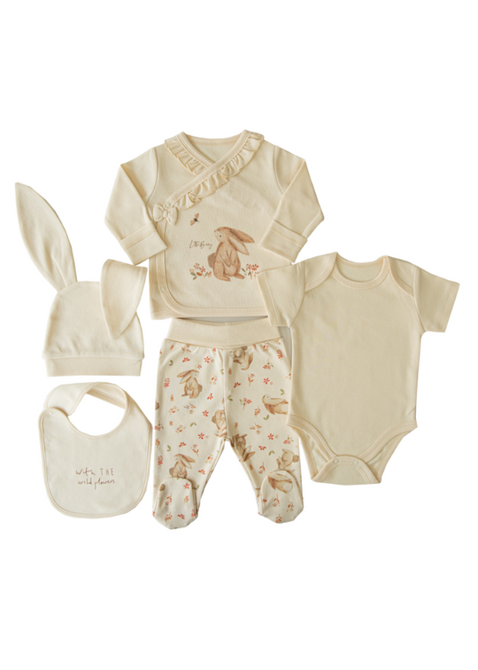 Organic Cotton Newborn 5 Piece Set with Beige Rabbits S28962 KitiKate