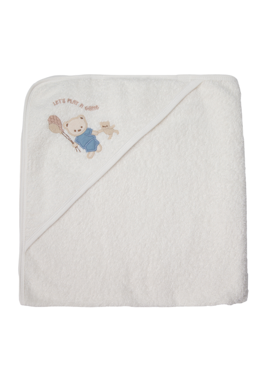 Prosop cu Gluga din Bumbac cu Ursulet Brodat Crem My First Playmate H506 – Bebetto