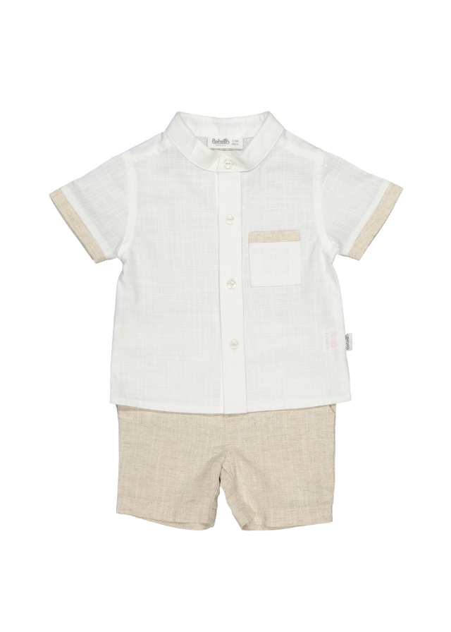 Set 2 Piese Camasa Crem cu Maneca Scurta si Pantaloni Scurti Bej Cool and Stylish K4655 Bebetto