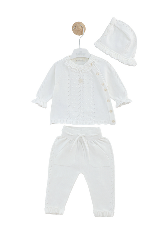 Set 3 Piese Tricotat Bluza ,Pantaloni si Caciula Alb 8538 Leo King