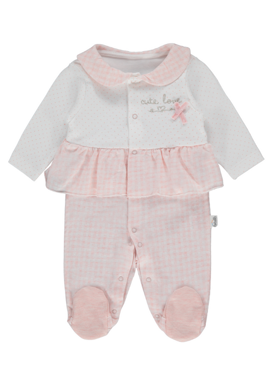 Salopeta Lunga Alb cu Roz Picouri si Patratele Plaid Swan T3669 Bebetto