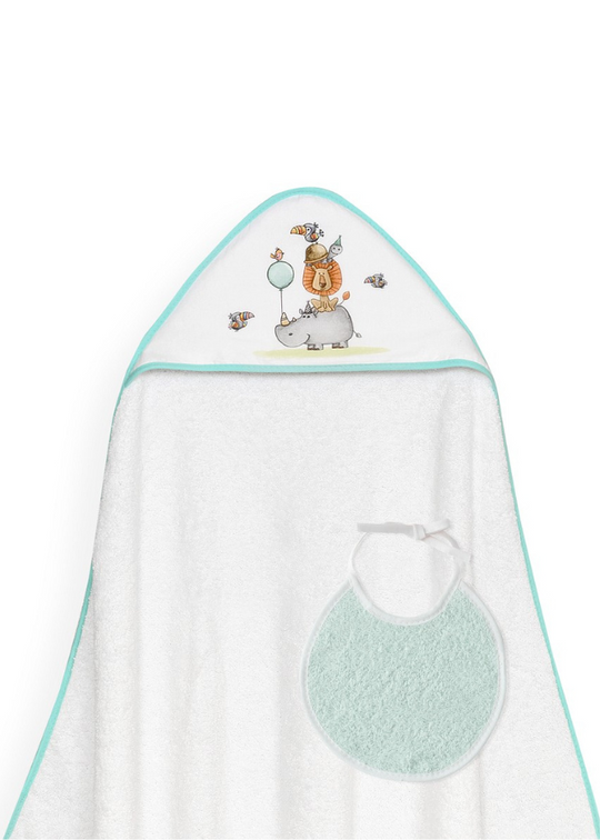 Hooded Towel 100x100 cm+White-Green Bib with Rhinoceros 01253-13 Don Algodon