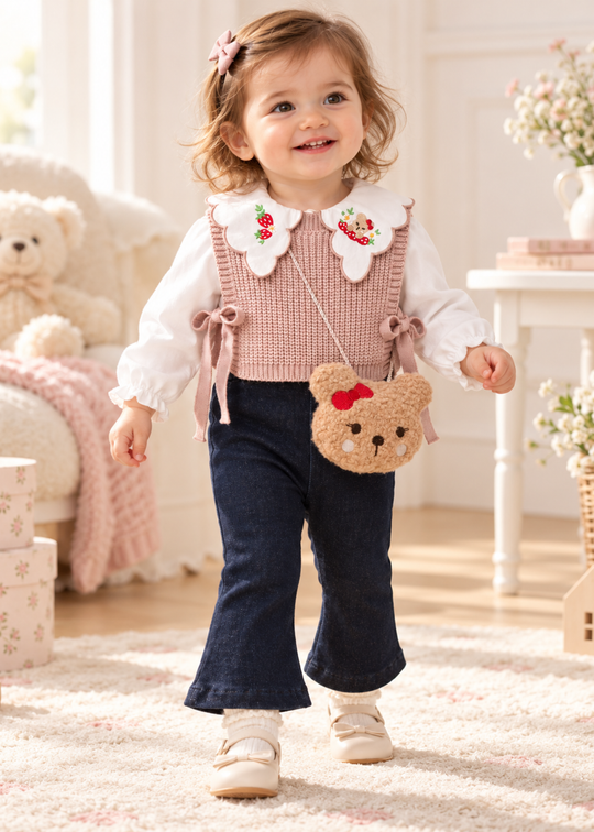 Set 4 Piese cu Vesta Tricotata Roz Pudrat si Pantaloni Evazati Bleumarin pentru Fete 3905 – MinoBaby
