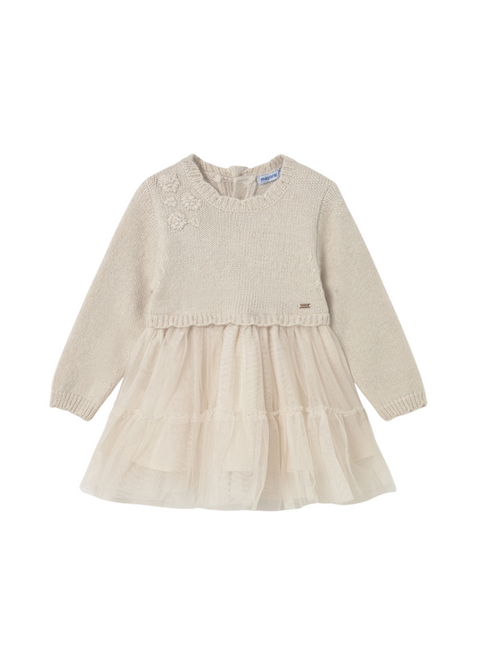 Rochie Bej Auriu Combinata Tricot cu Tull Maneca Lunga 2905 Mayoral