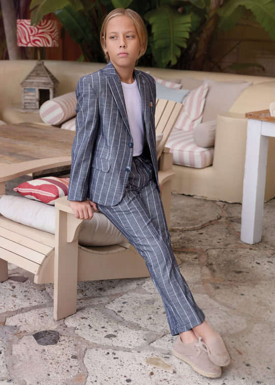 Costum 3 Piese Sacou si Pantaloni Bleumarin cu Dungi si Tricou Alb 20202 Little Gentleman