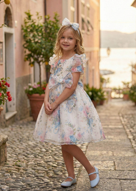 Rochie Organza Ivory Imprimeu Flori Roz si Bleu Funda in Talie 36200PR Pamina