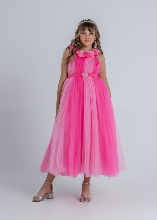 Mon Princess Pink Tulle Long Ceremony Dress with Appliquéd Flowers and Heart Detail at Waist art 2934