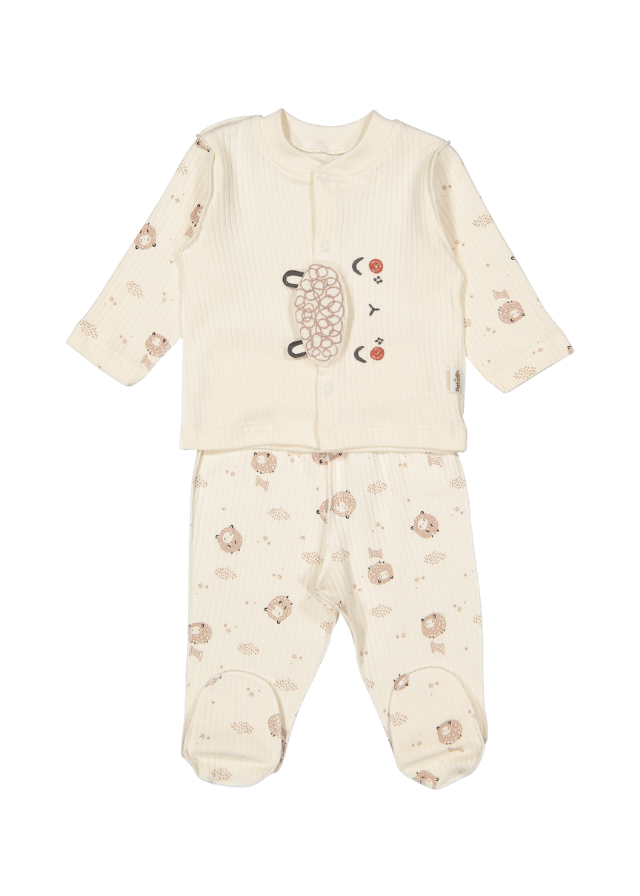 Set 2 Piese Bluza si Pantaloni Crem cu Imprimeu Oite Organic Little Lamb F1425 Bebetto