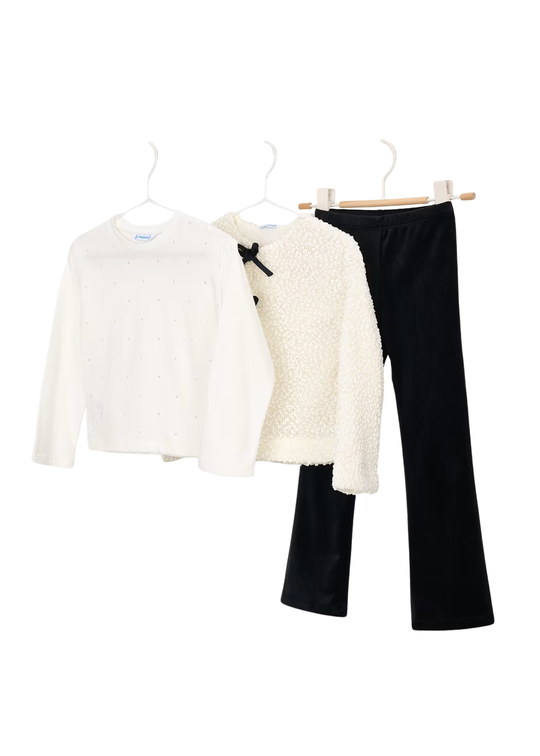 Set Bluza, Pulover Bouclé si Pantaloni Evazati Negri pentru Fete 4740 – Mayoral