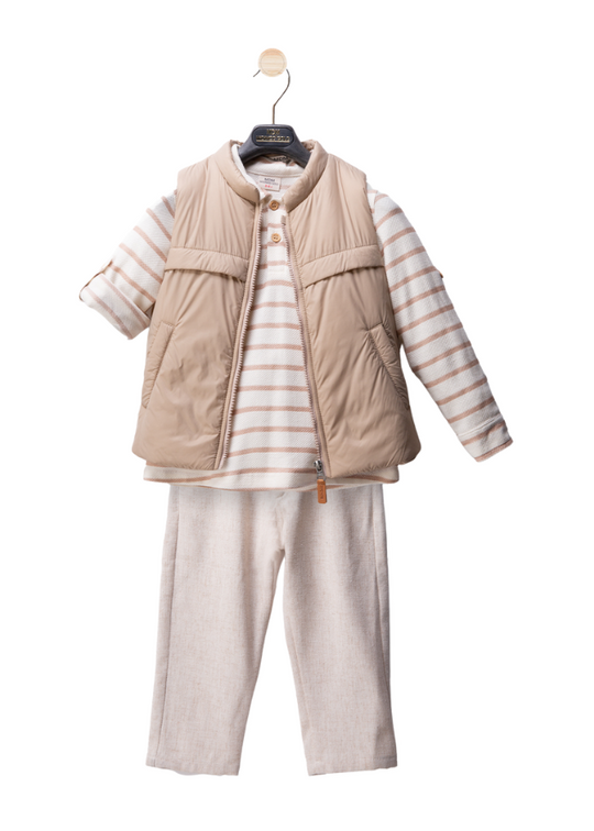 3 Piece Set Beige Striped Blouse Beige Long Pants and Fas Vest M54220 Midimod Gold