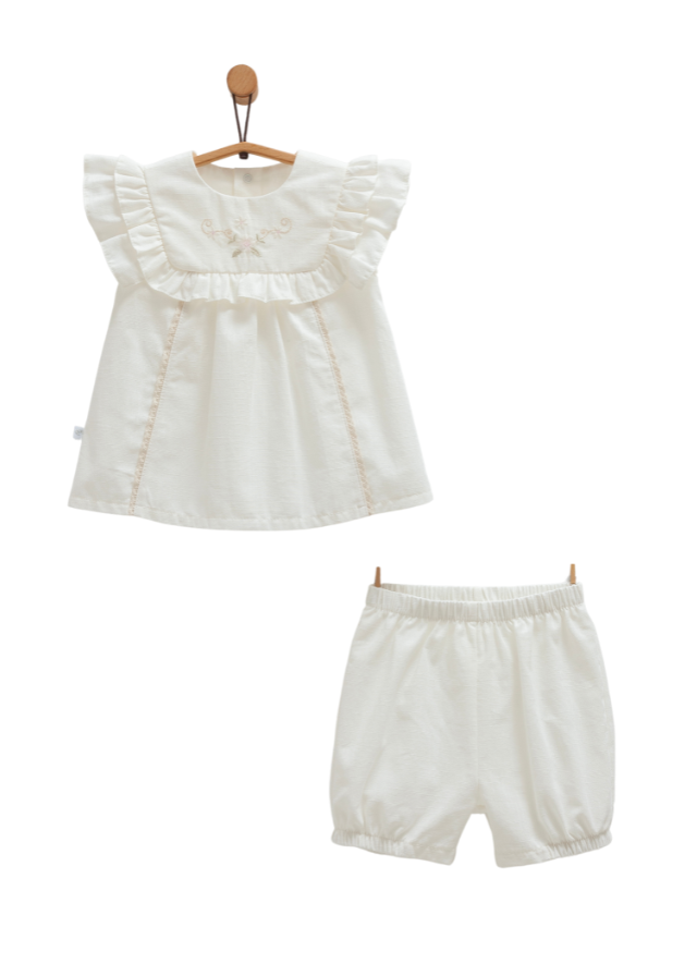 Set 2 Piese Crem Top cu Volan si Broderie pe Bust si Pantaloni Scurti Serenity Girl TKK1742 Mell Sweet Baby