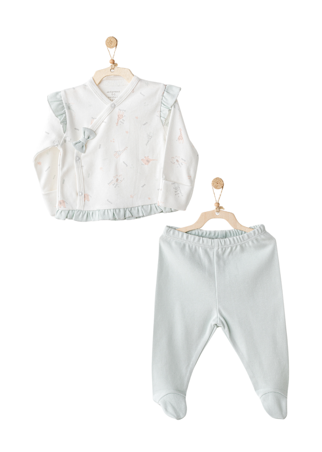 Set 2 Piese Bluza cu Capse si Pantaloni Crem cu Verde Menta AC25508 Andywawa
