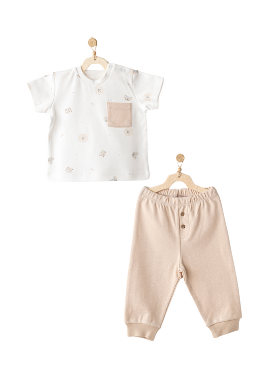 Set 2 Piese Tricou Crem cu Animale si Pantaloni Lungi Bej AC25848 Andywawa