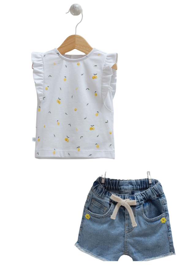 Set 2 Piese Top Crem cu Lamai si Pantaloni Denim scurti 9818 Mell Sweet Baby