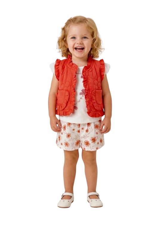 Set 3 Piese Vesta Corai cu Flori Tricou Alb si Pantaloni Scurti cu Flori Corai 16877 Bebus