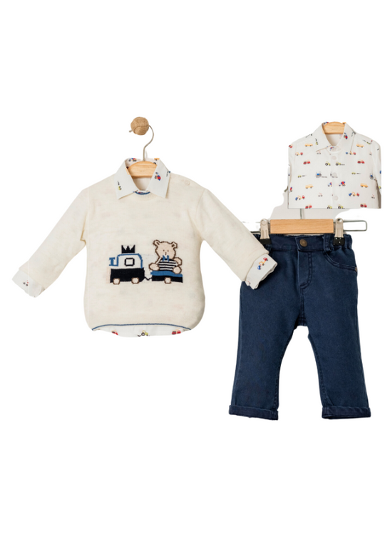 3 Piece Set Beige Sweater with Bear White Shirt with Cars Print Pants Navy Blue Jeans 15037 Bebus