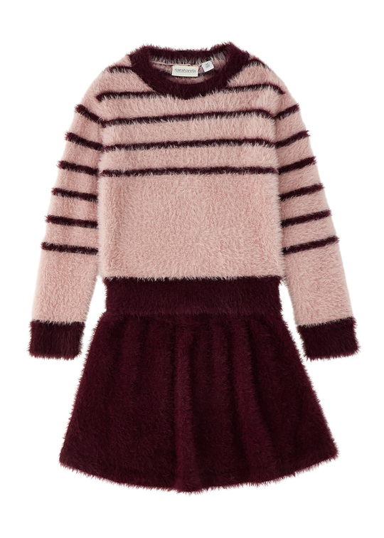 Set 2 Piese Tricotat Pufos Roz si Grena, Bluza si Fusta 3055 – Sarabanda