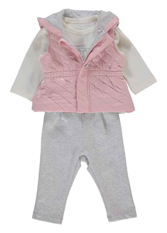 3 Piece Set Powder Pink Quilted Vest Gray Pants and Cream Blouse Forever K4547 Bebetto