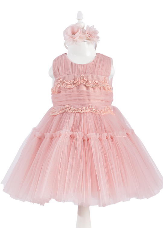 Powder Pink Tulle Ceremony Dress with Beads on Bust and Waist 6005 Lugu