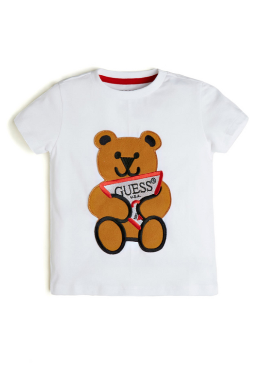 Tricou Alb cu Maneca Scurta cu Urs Mare si Logo N0BI22 Guess