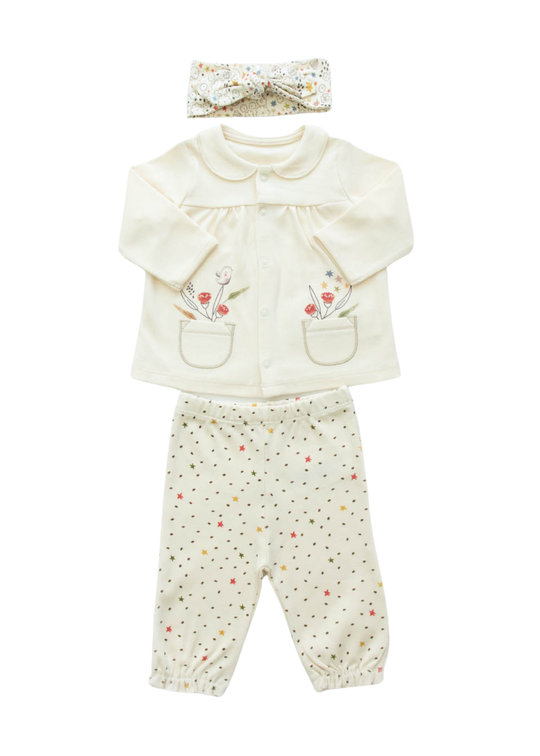 Set 3 Piese Bumbac Organic Bej cu Flori Bluza Pantaloni si Bentita S58744 Kitikate