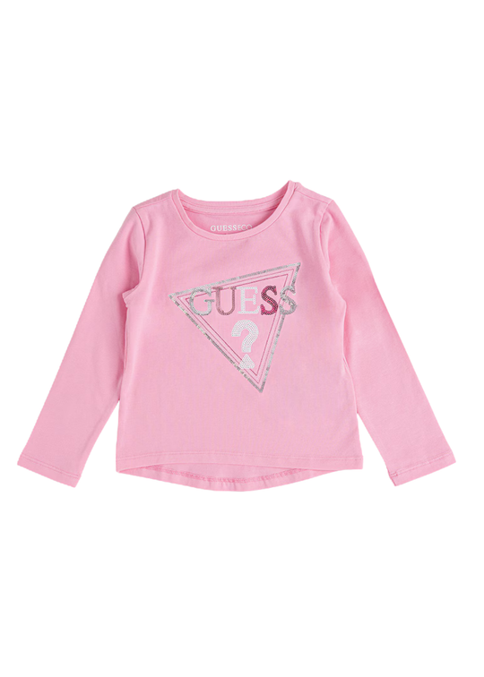 Tricou Roz cu Maneca Lunga si Logo cu Paiete pentru Fete K6YI08 – Guess
