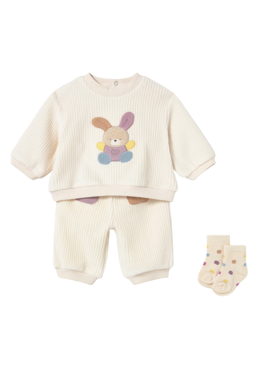 Trening Bej din Bumbac cu Broderie Ursulet pentru Fetite Nou-Nascute 2654 – Mayoral