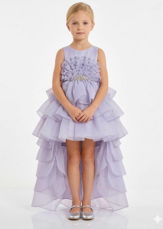 Lilac organza ceremony dress with ruffles and train, with crystal accessory at the waist, art 3248 Mon Princess