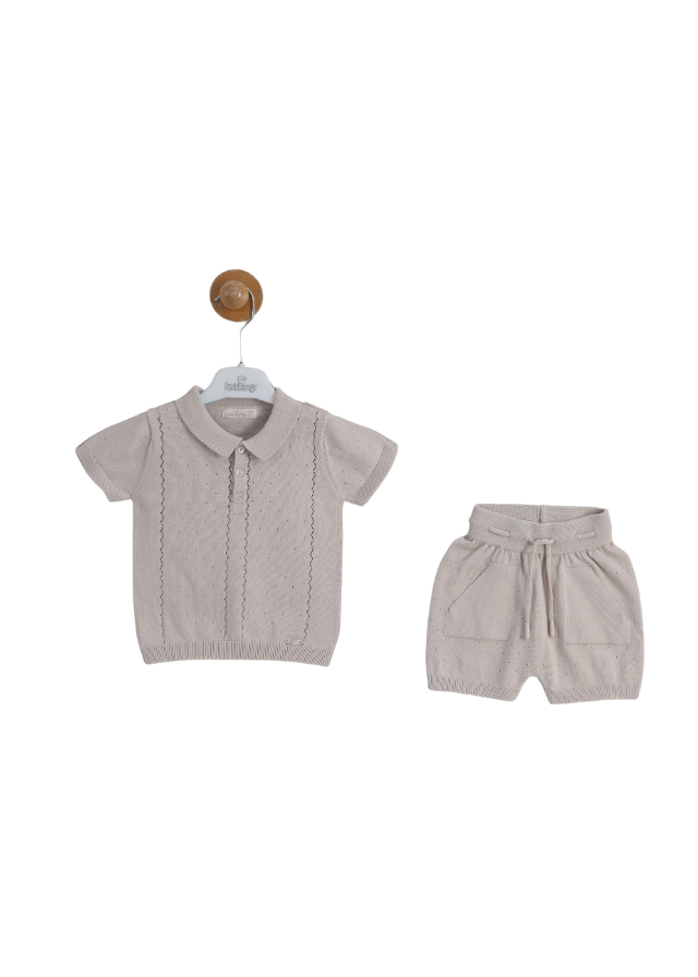 Set 2 Piese Tricotat Bej Bluza cu Maneca Scurta cu Guler Polo si Pantaloni Scurti 8156 Leo King