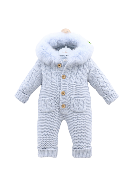 Combinezon Tricotat Bleu cu Lana Merinos si Blana la Gluga cu Nasturi 9421 Leo King