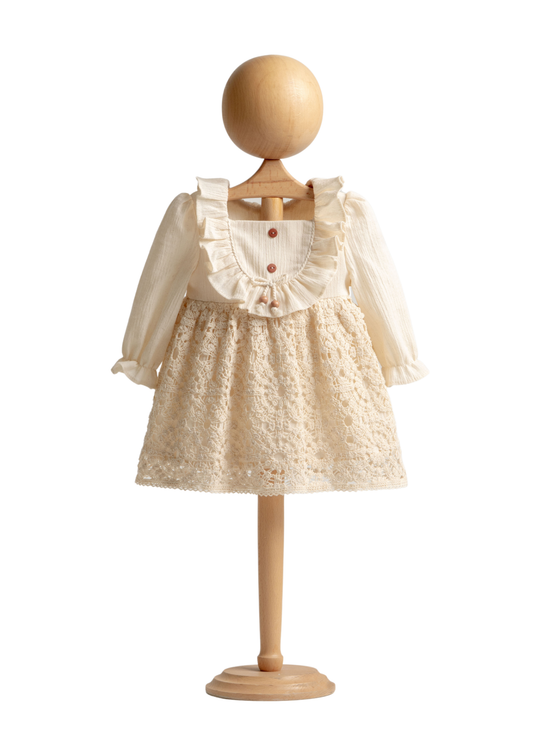 Rochie Bej din Muselina cu Maneca Lunga si Fusta din Dantela Crosetata Bej 4514 MyMio