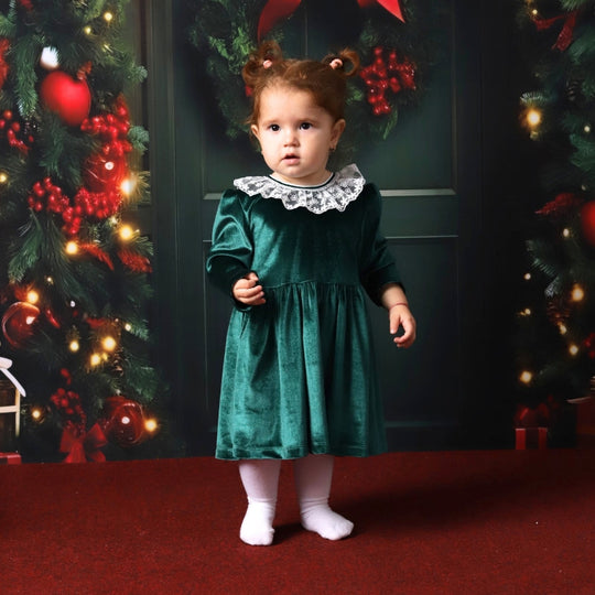 Elegant Dress for Girls Green Velvet Ruffles Lace AnneBebe