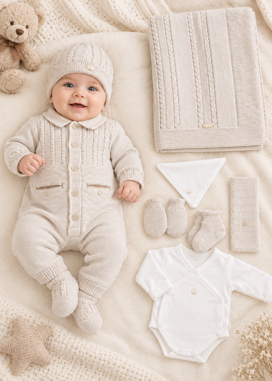 Set Nou-Nascut Tricotat Alb 8 Piese pentru Baieti 3805 – Leo King