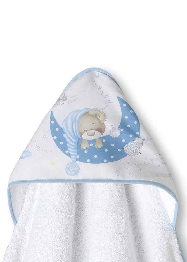 Prosop cu Capison 100x100 cm si Bavetica Alb-Bleu cu Ursulet pe Semiluna 01225-11 Interbaby