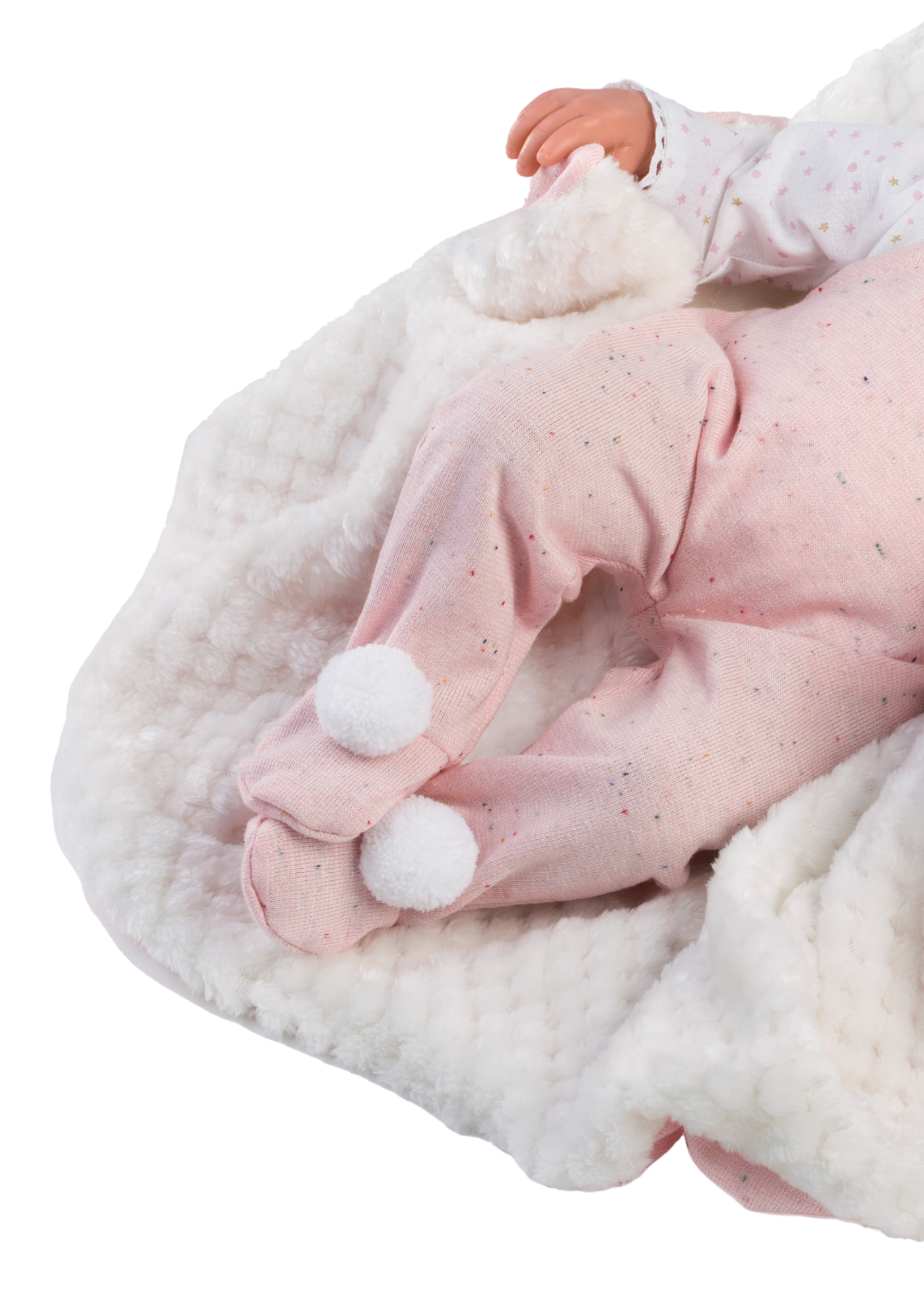 Papusa Indira, 38 cm, Fara Par, Corp Vinil+Textil, Mecanism cu Salopeta Tricotata Roz si Paturica Alb-Roz cu Blanita 962 Guca Munecas