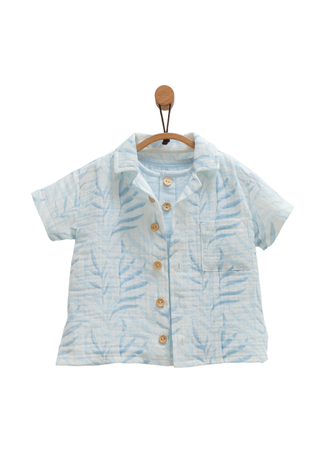Set 3 Piese Muselina Bleu Camasa Top si Pantaloni Scurti Little Boy TKE1676 Mell Sweet Baby