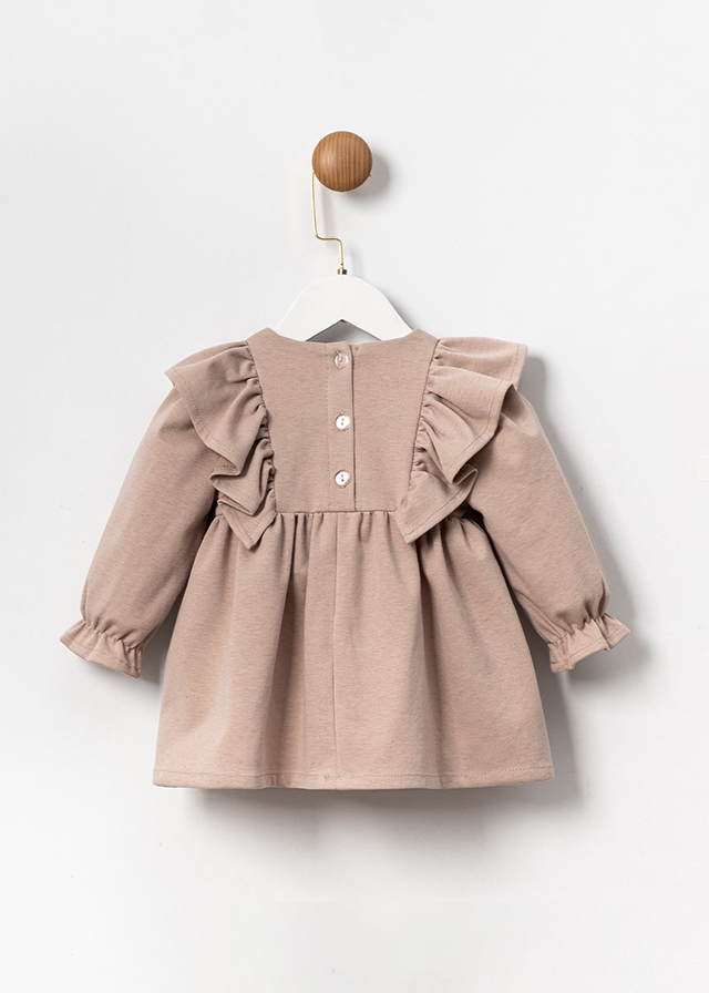 Beige dress with long sleeves with a bear on the chest art 3591 Mino Baby