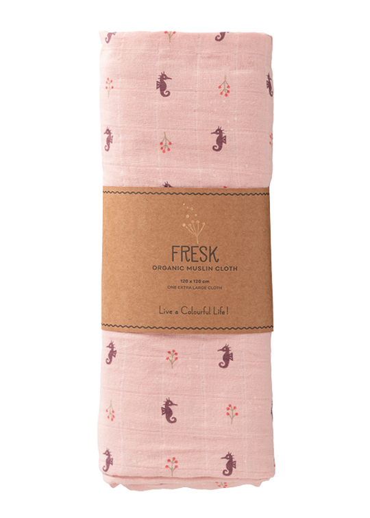 Paturica Muselina din Bumbac Organic Roz cu Imprimeu Caluti de Mare 120X120 cm F110-19 Fresk