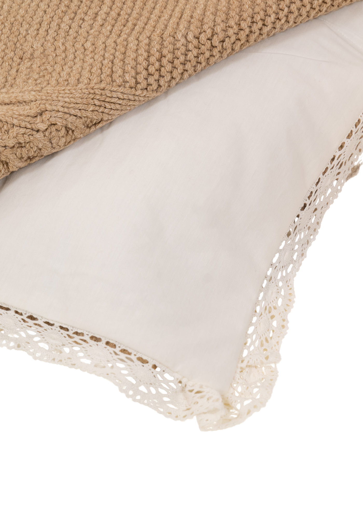 Set Pled Tricotat Bej cu Lana Merinos si Pled Bumbac cu Dantela 9719 Leo King